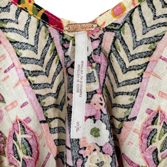 Free People Tulum Printed Linen Blend Tunic Top Pink Sleeveless Ruffle Boho S - Picture 7 of 8